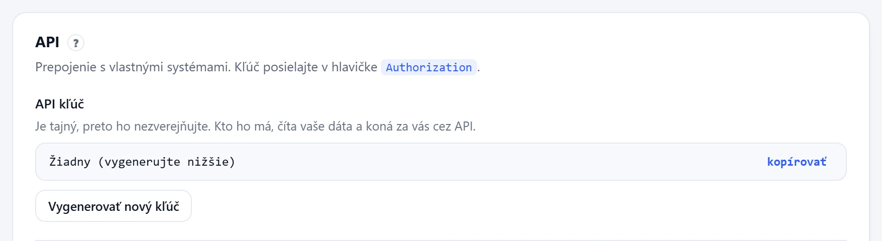 Karta API v nastaveniach panela Otta