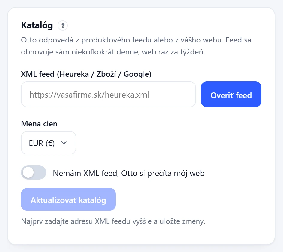 Časť Katalóg v nastaveniach panela Otta s adresou feedu