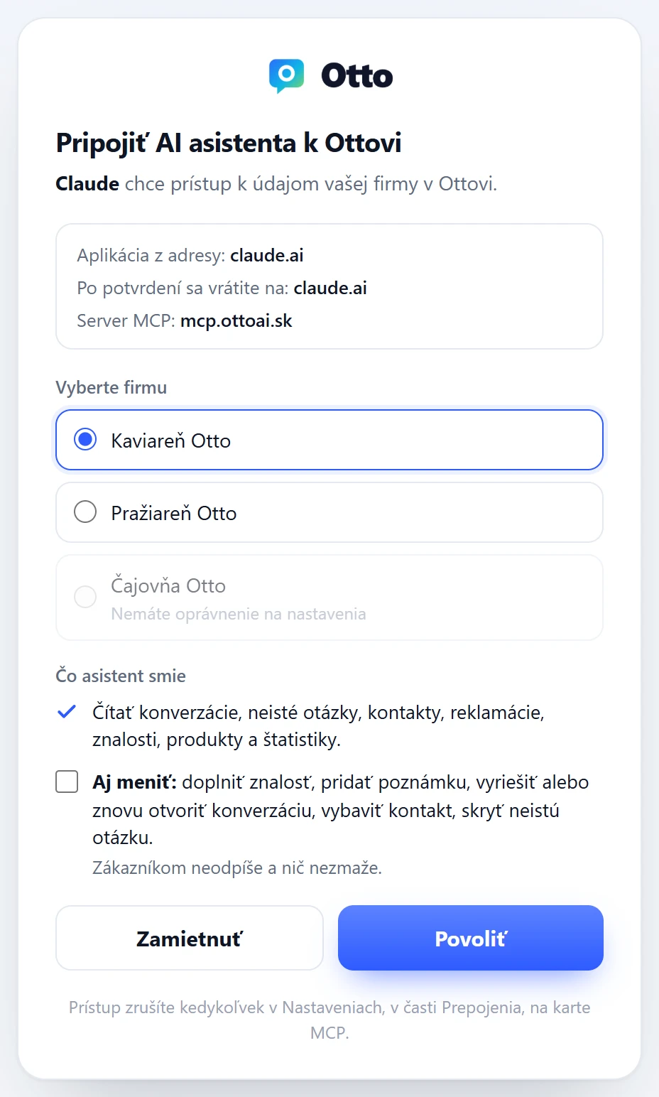 Stránka Otta, na ktorej AI asistentovi povolíte prístup k firme