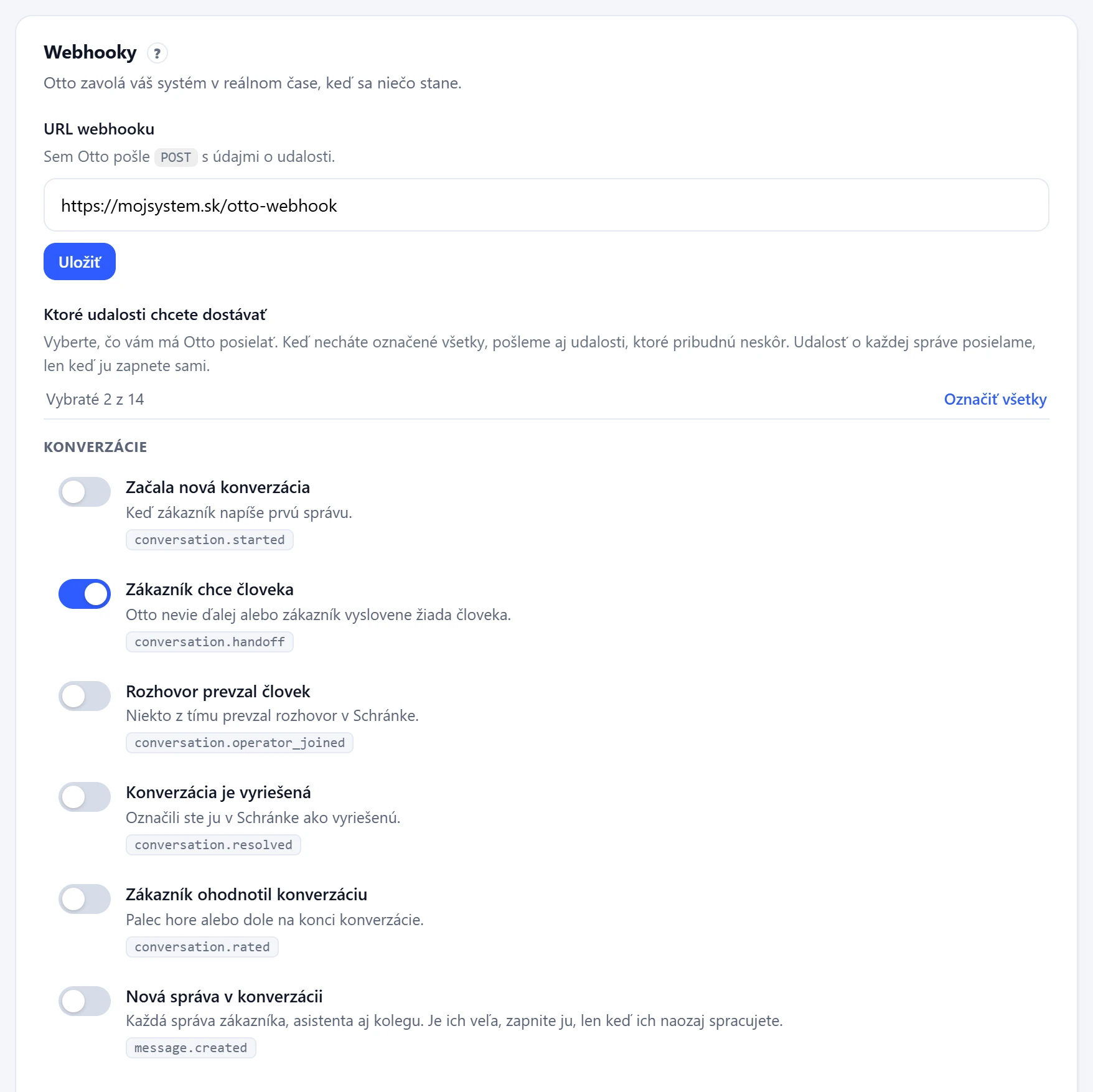 Nastavenie webhookov v paneli Otta s výberom udalostí