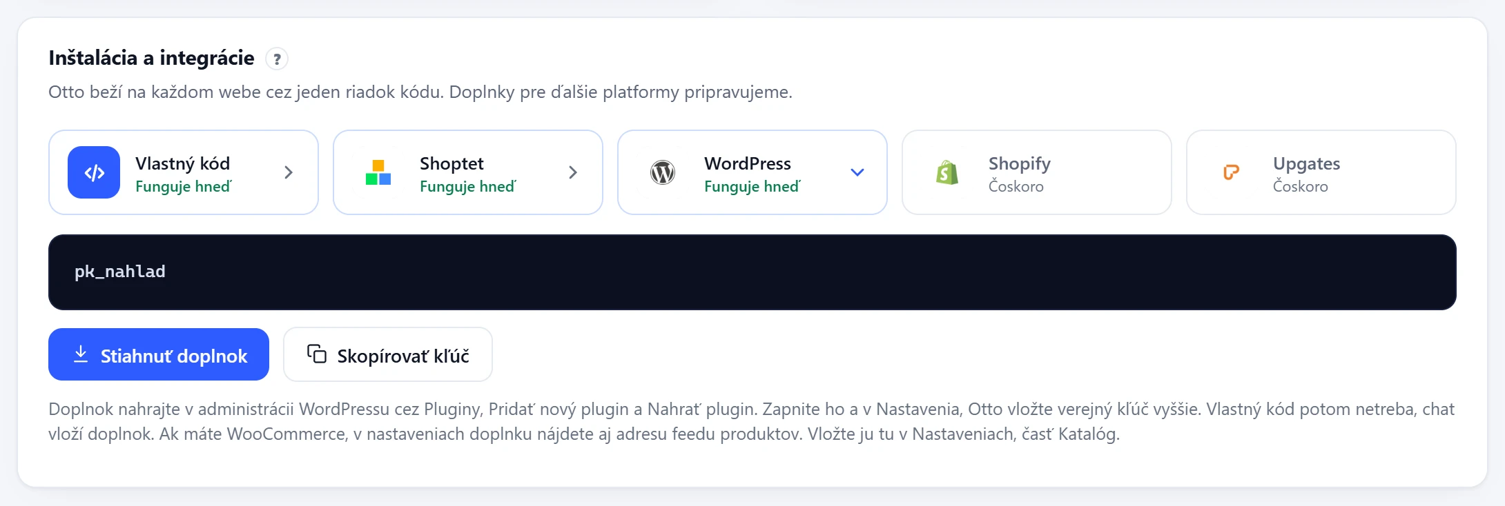 Dlaždica WordPress v paneli Otta s tlačidlom na stiahnutie doplnku a verejným kľúčom